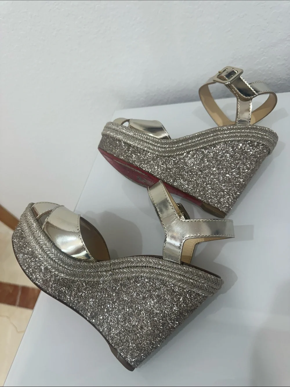 Christian Louboutin Metallic Gold Wedge Sandals with Ankle Strap